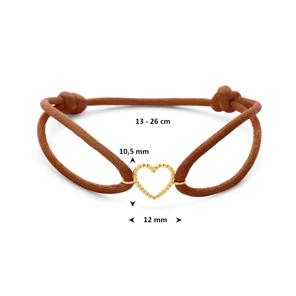 armband bruin satijn hartje 13 - 26 cm 14K goud met rubber/nylon/leer