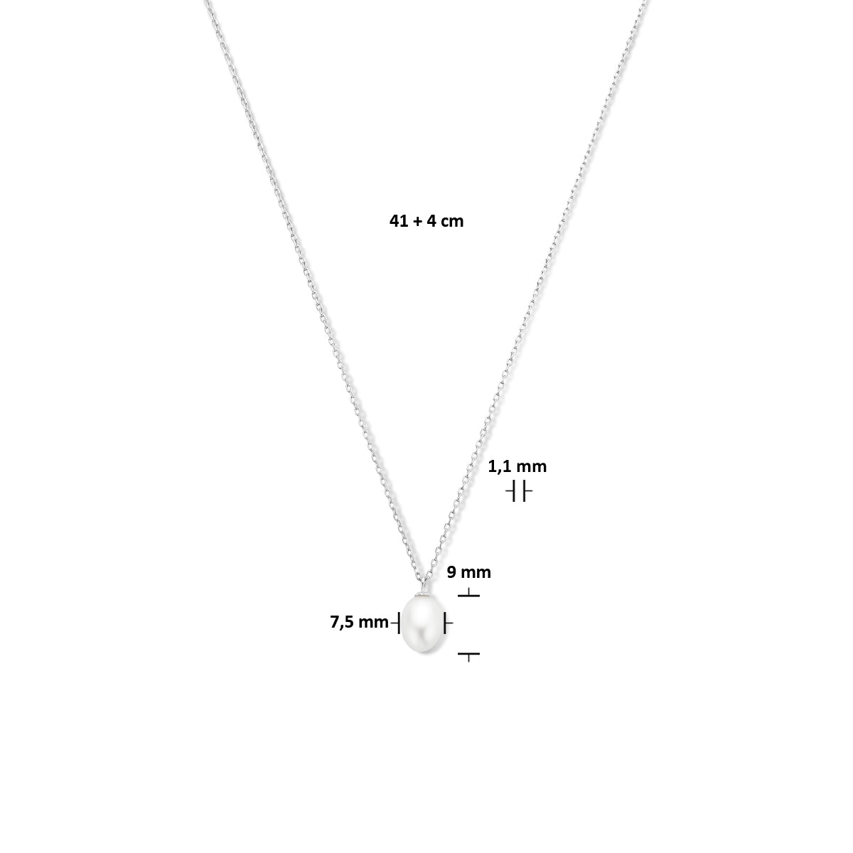 collier parel 41 + 4 cm zilver gerhodineerd