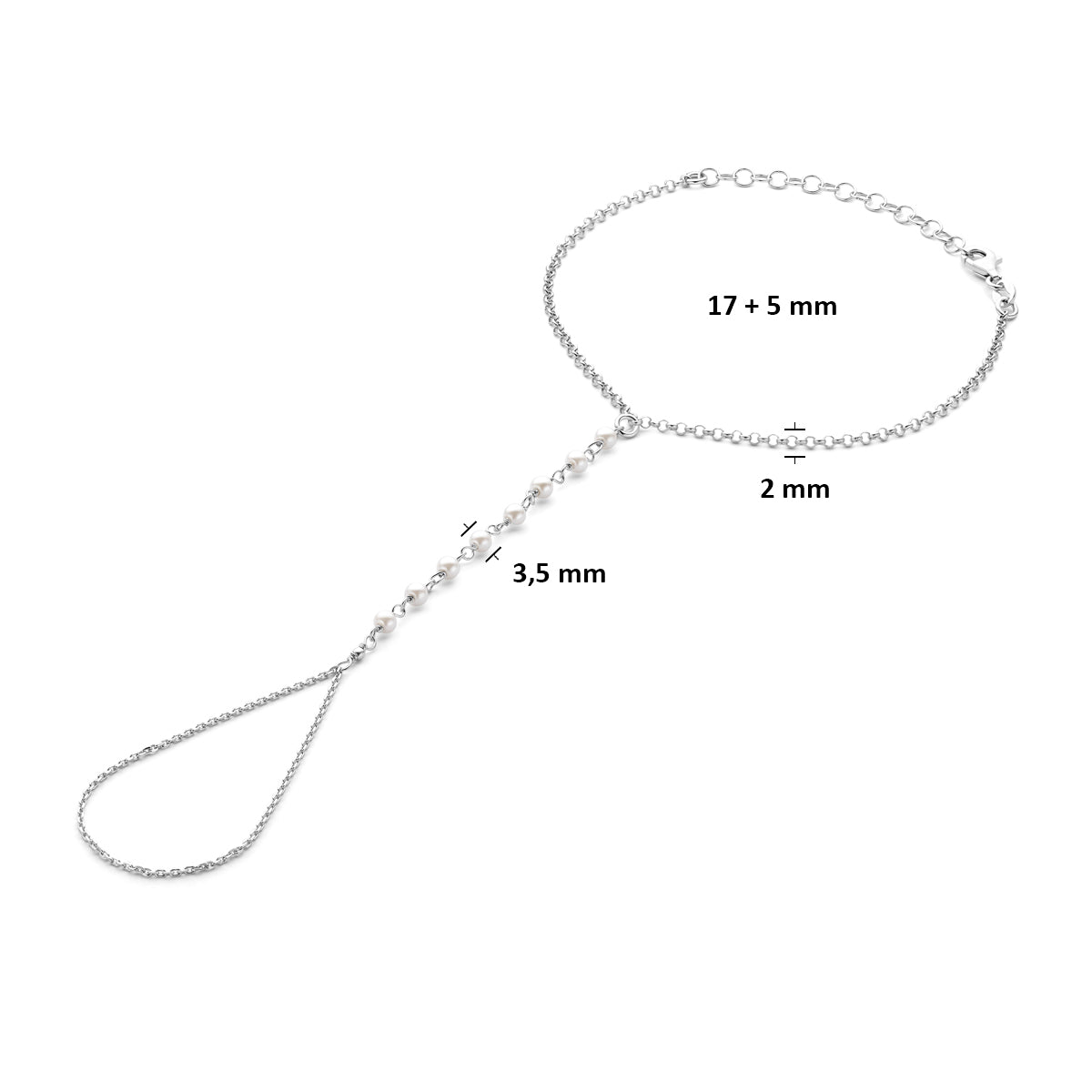 handsieraad parels 17 + 5 cm zilver gerhodineerd