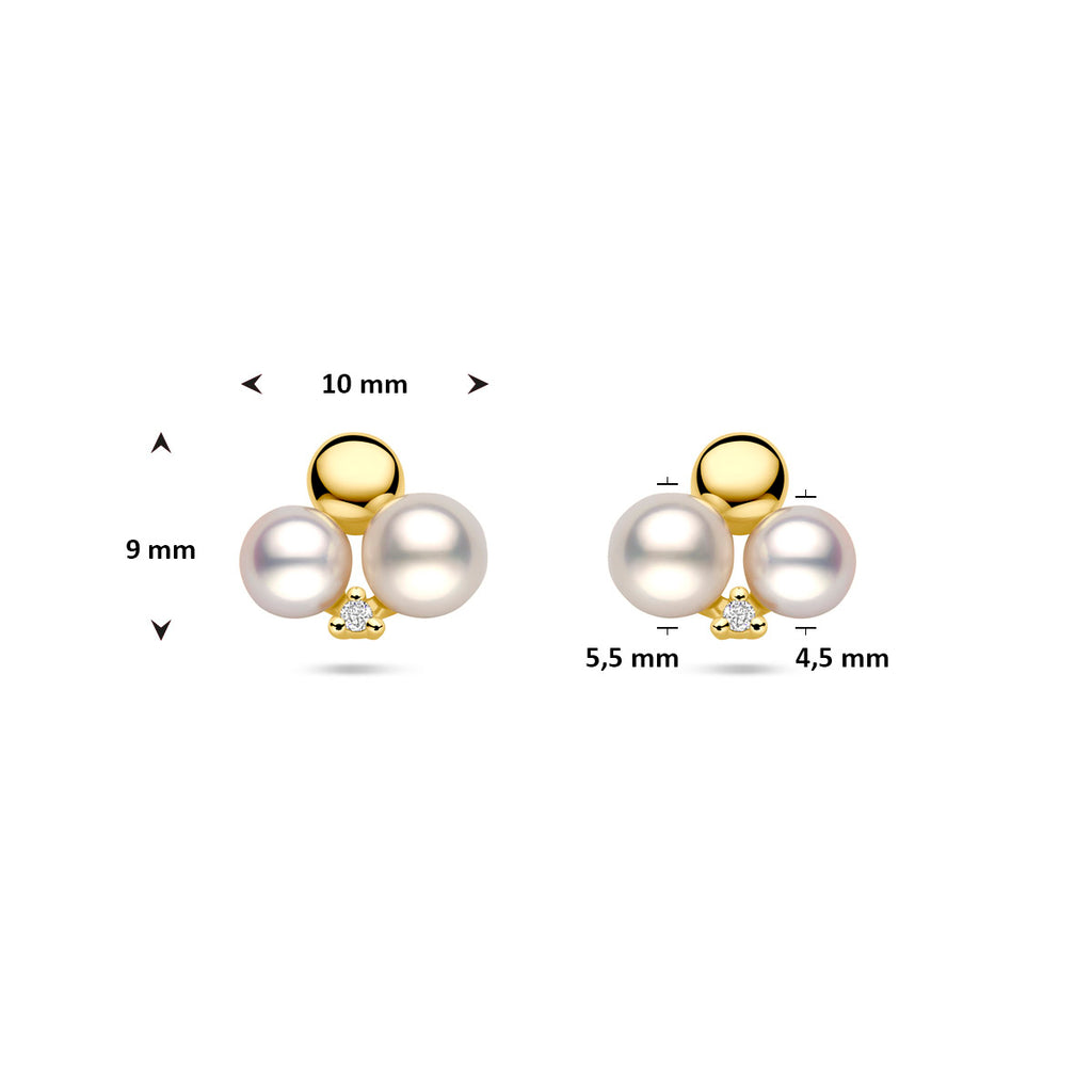 oorknoppen parels en diamant 0.02ct (2x 0.01ct) h si 9 mm 14K geelgoud