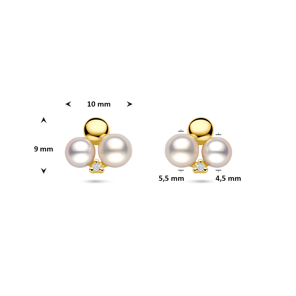 oorknoppen parels en diamant 0.02ct (2x 0.01ct) h si 9 mm 14K geelgoud