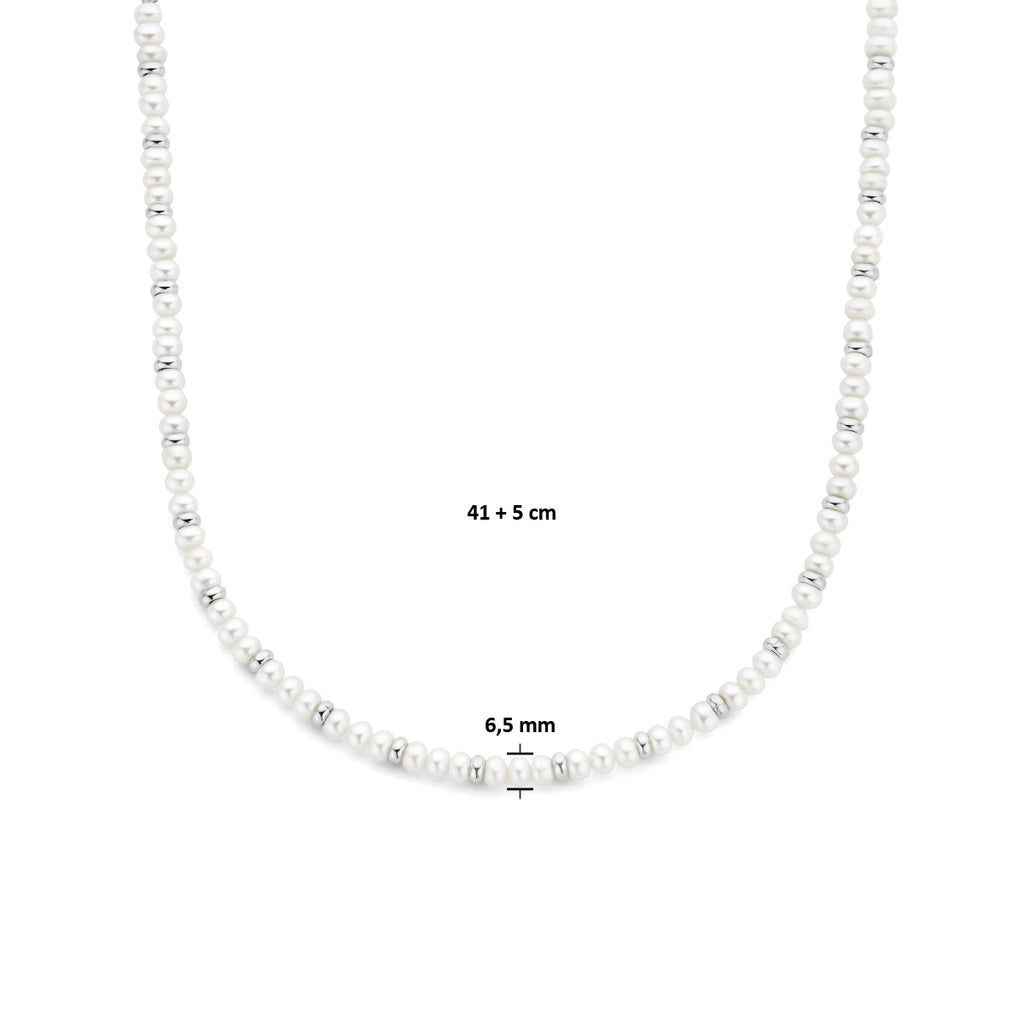 collier parels en bolletjes 6,5 mm 41 + 5 cm zilver gerhodineerd