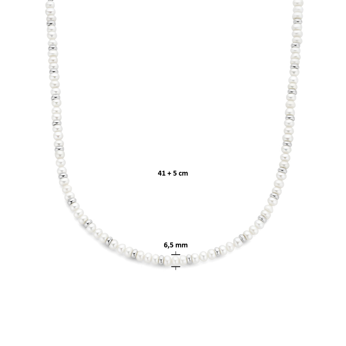 collier parels en bolletjes 6,5 mm 41 + 5 cm zilver gerhodineerd