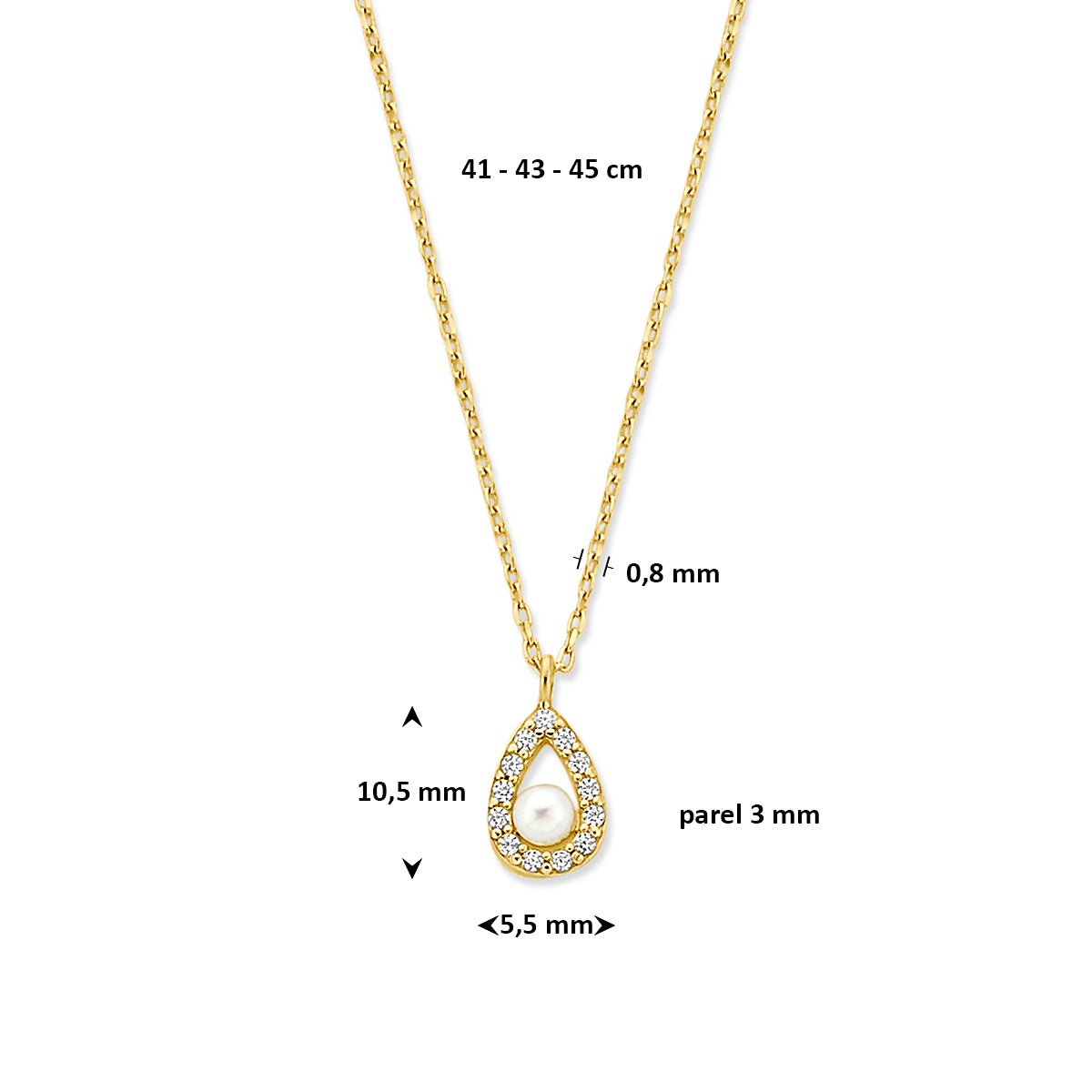 collier zirkonia en parel 41 - 43 - 45 cm 14K geelgoud