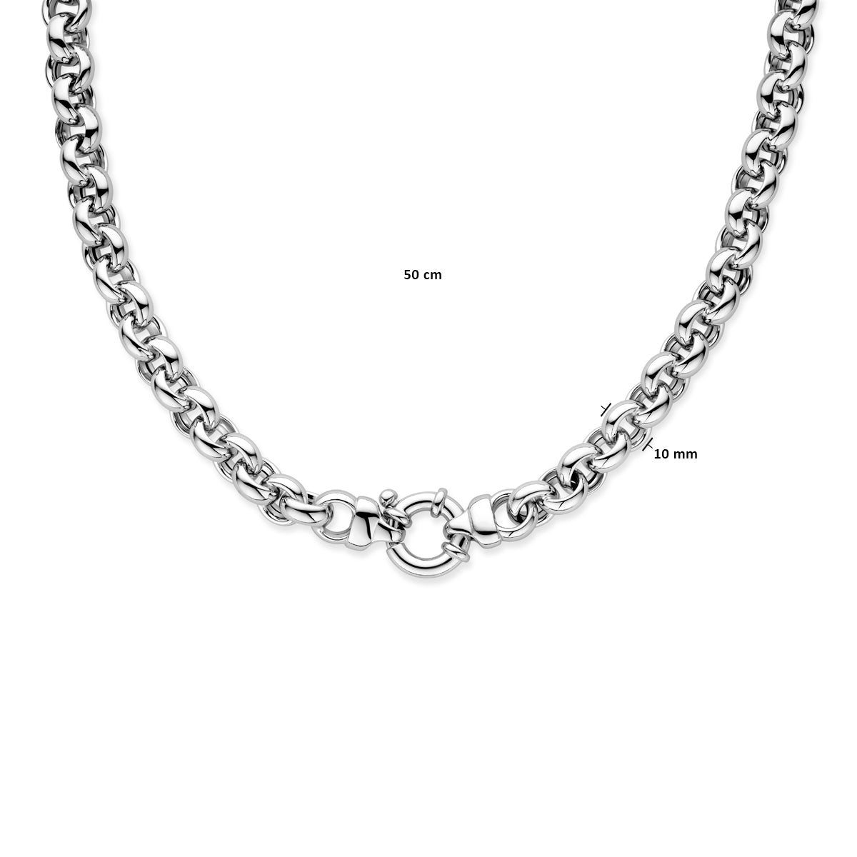 Jasseron-Halskette 10 mm mit großem Federringverschluss, rhodiniert Silber