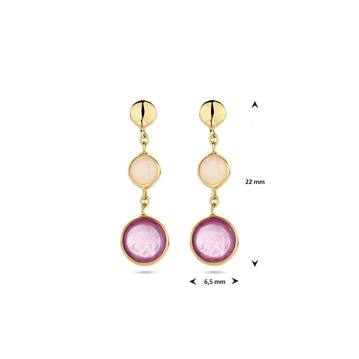 oorhangers roze robijn en roze opaal 14K geelgoud