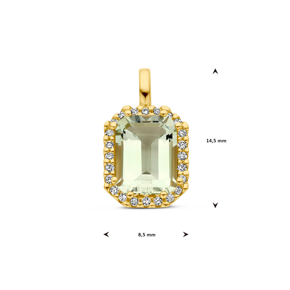 hanger groen amethist en diamant 0.10ct h si halo 14K geelgoud