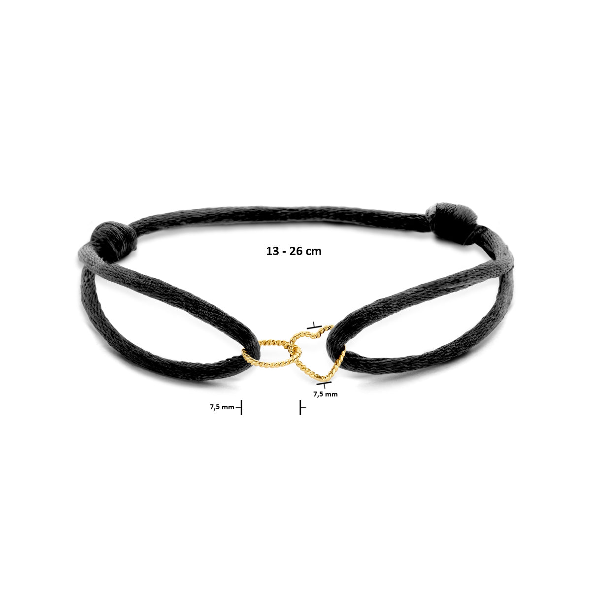 armband satijn zwart hart en rondje gedraaid 13 - 26 cm 14K goud met rubber/nylon/leer