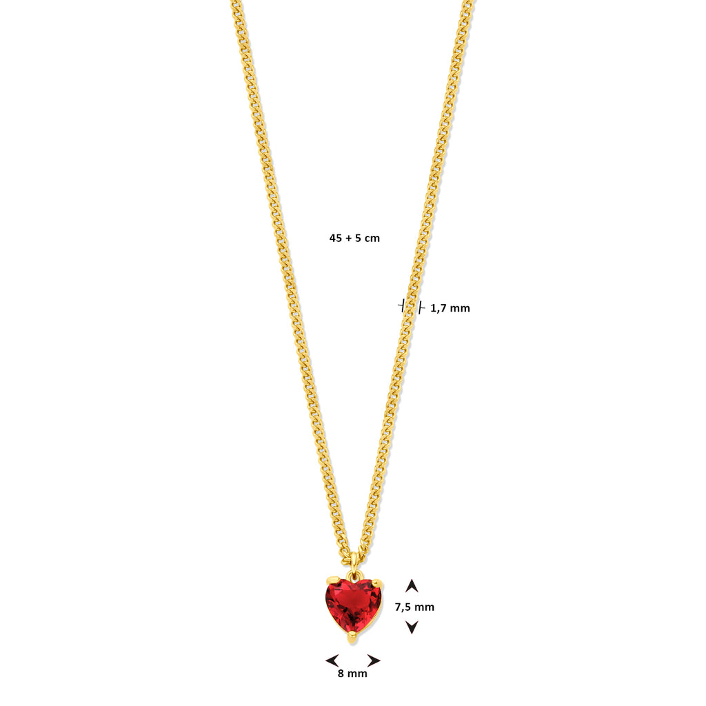 Halskette Herz roter Zirkonia 45 + 5 cm 3 Micron Silber vergoldet (gelb)