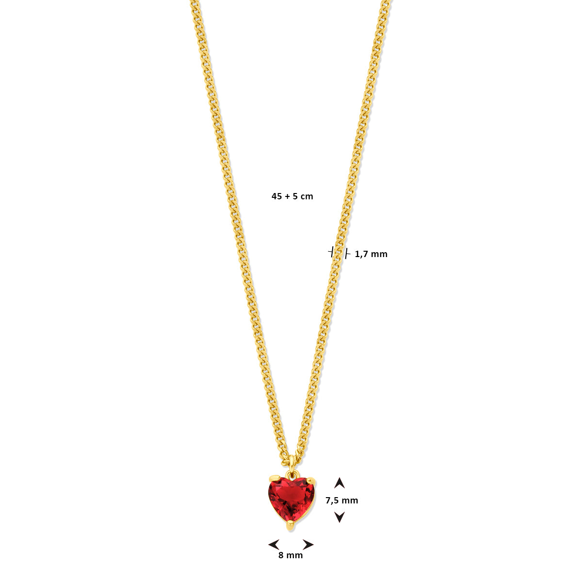 Halskette Herz roter Zirkonia 45 + 5 cm 3 Micron Silber vergoldet (gelb)