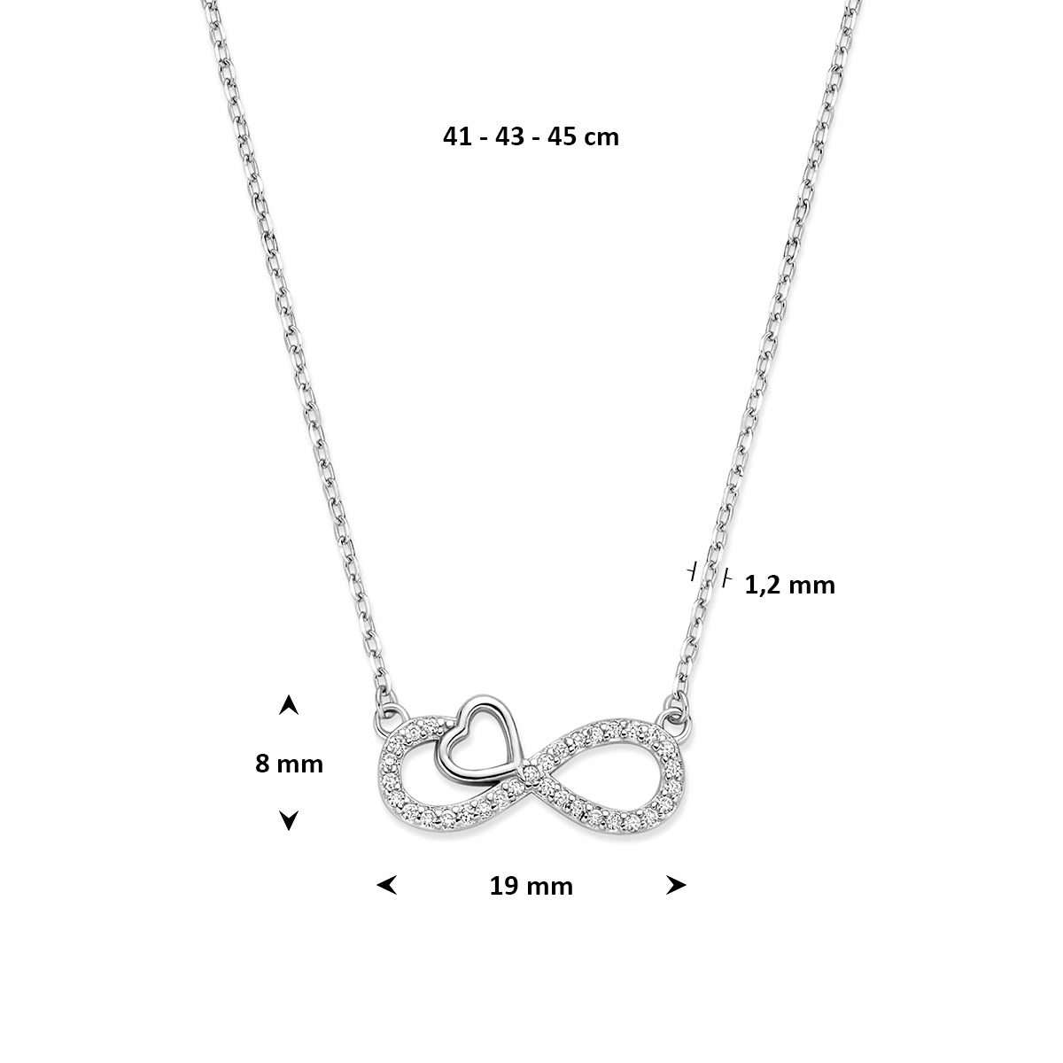 Halskette Zirkonia Infinity und Herz 41 - 43 - 45 cm rhodiniertes Silber