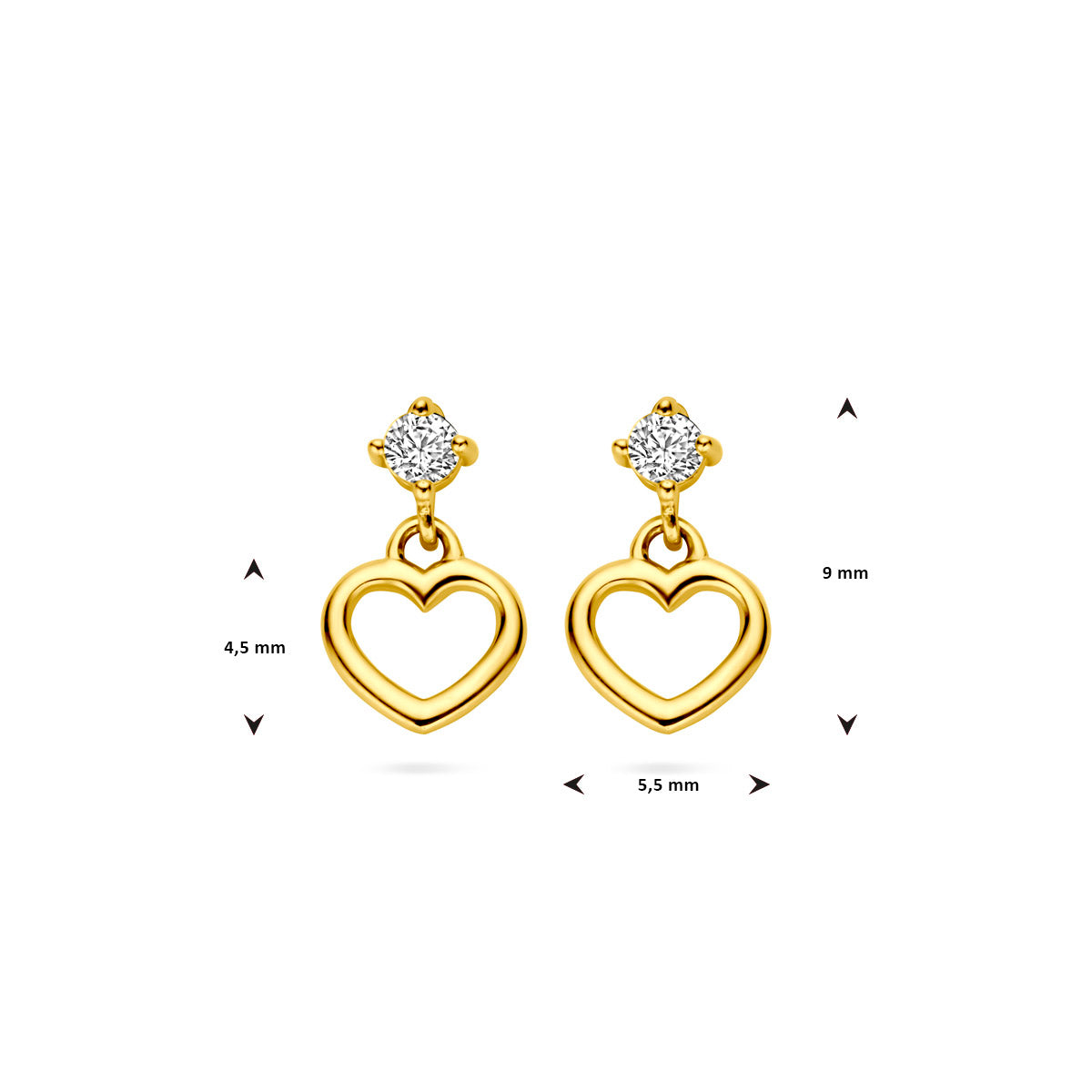 oorhangers hart en zirkonia 14K geelgoud