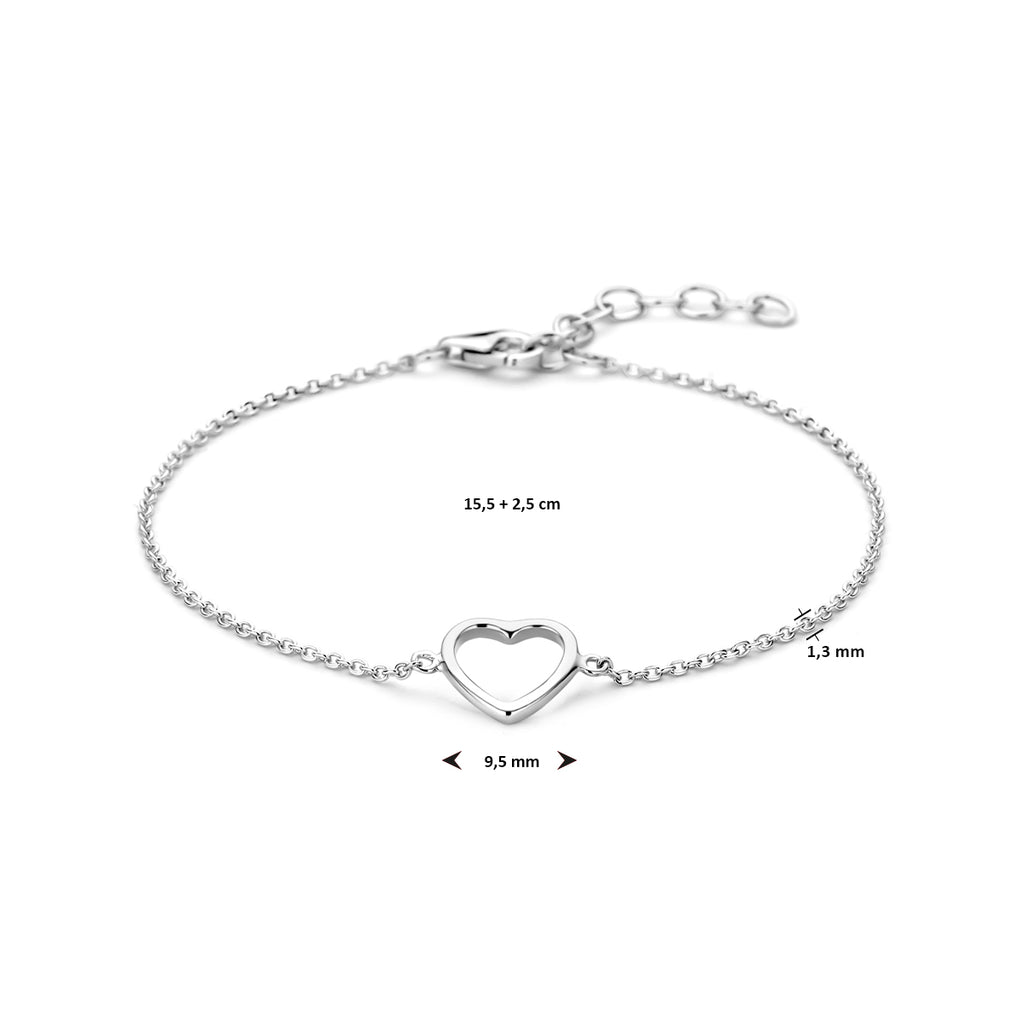 armband open hart 15,5 + 2,5 cm zilver gerhodineerd