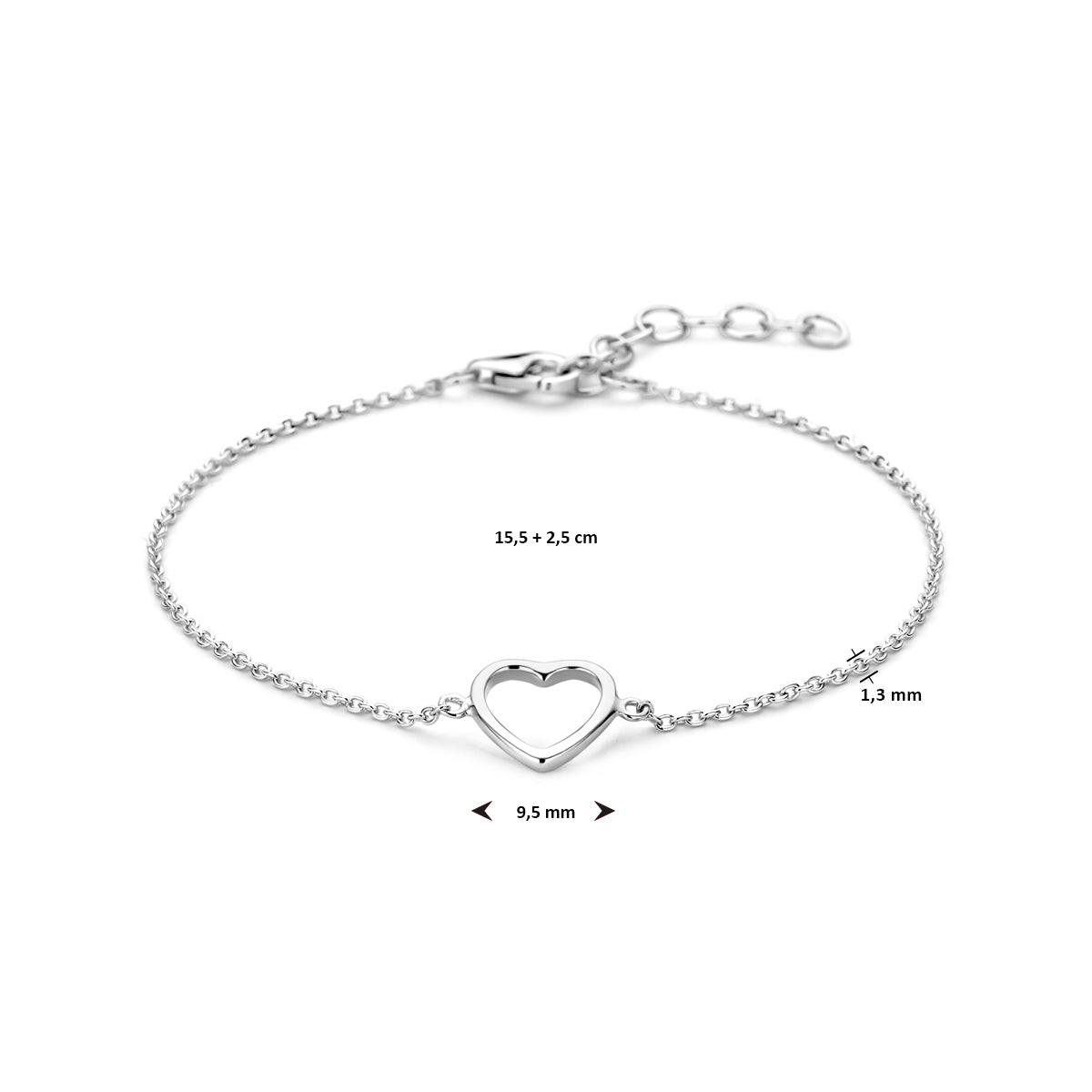 armband open hart 15,5 + 2,5 cm zilver gerhodineerd