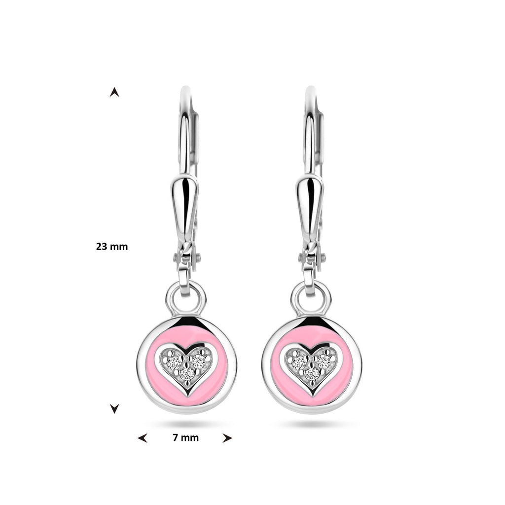 oorhangers  hart zirkonia en roze emaille brisur haak zilver gerhodineerd