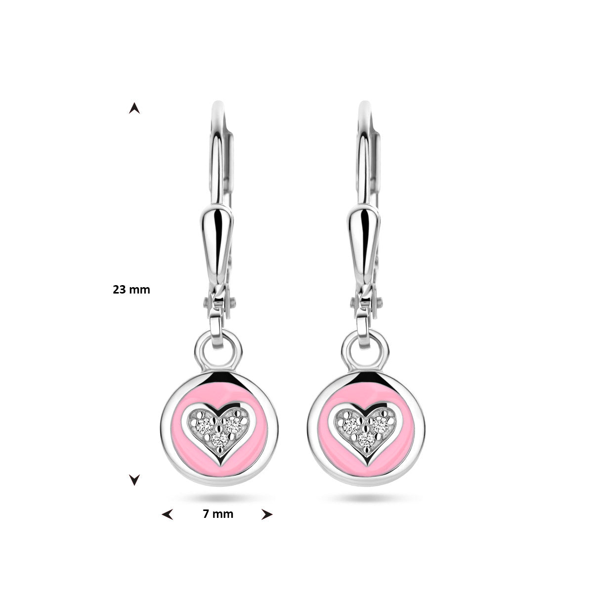 oorhangers  hart zirkonia en roze emaille brisur haak zilver gerhodineerd