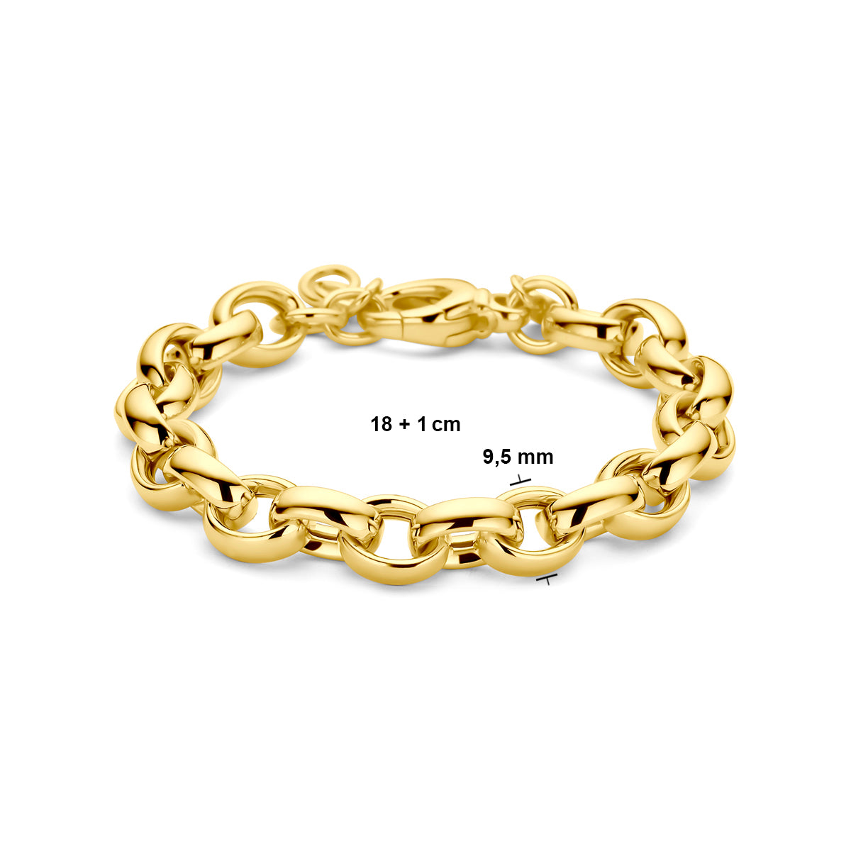 Armband, oval, Jasseron, 9,5 mm, 18 + 1 cm, 3 Mikron versilbert (gelb)