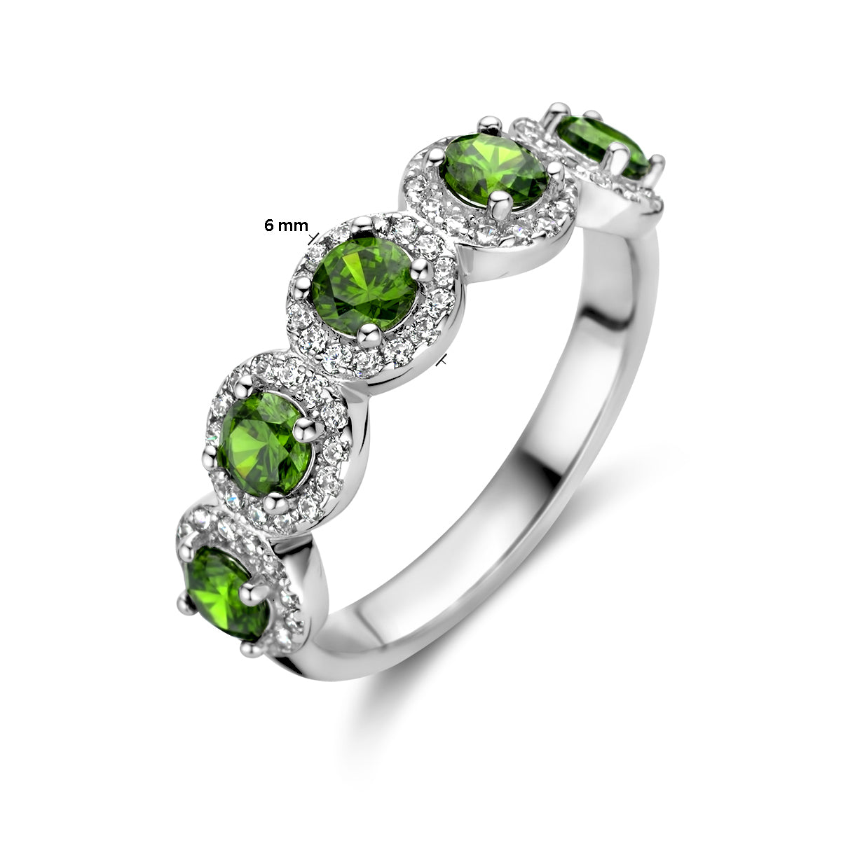 ring groen en wit zirkonia halo zilver gerhodineerd