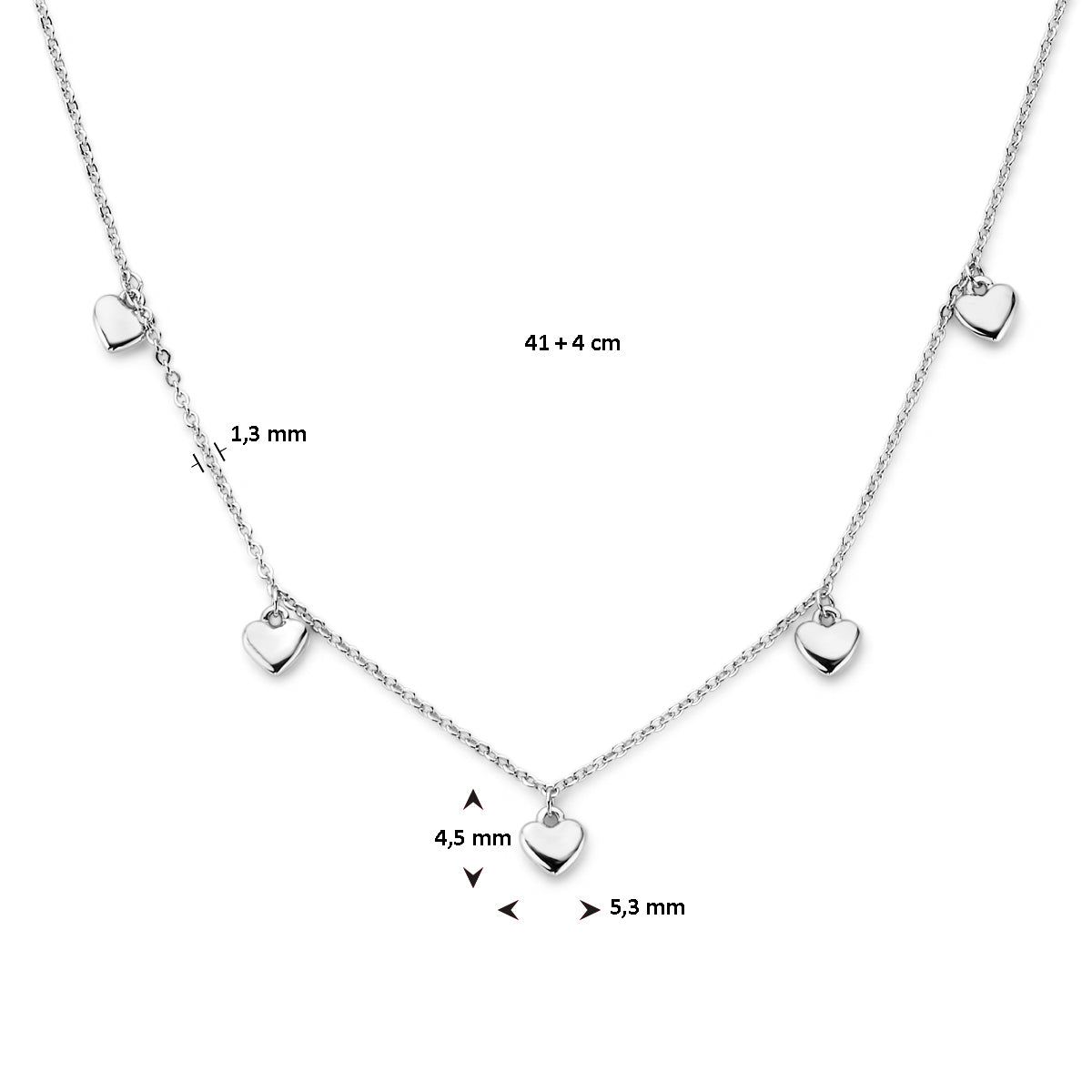 Halskette Herzen 41 + 4 cm Silber rhodiniert