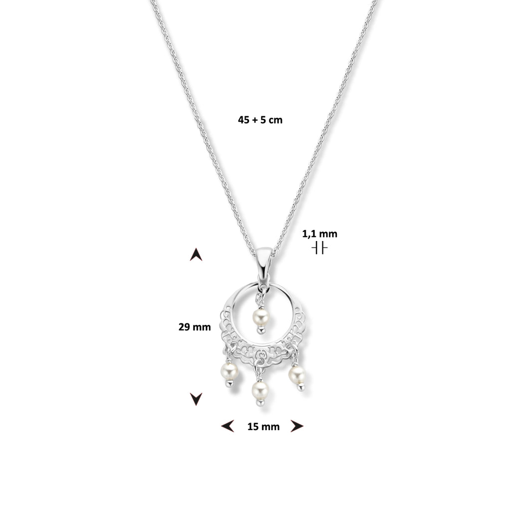 Halskette filigran und Swarovski Perlen 45 + 5 cm Silber rhodiniert