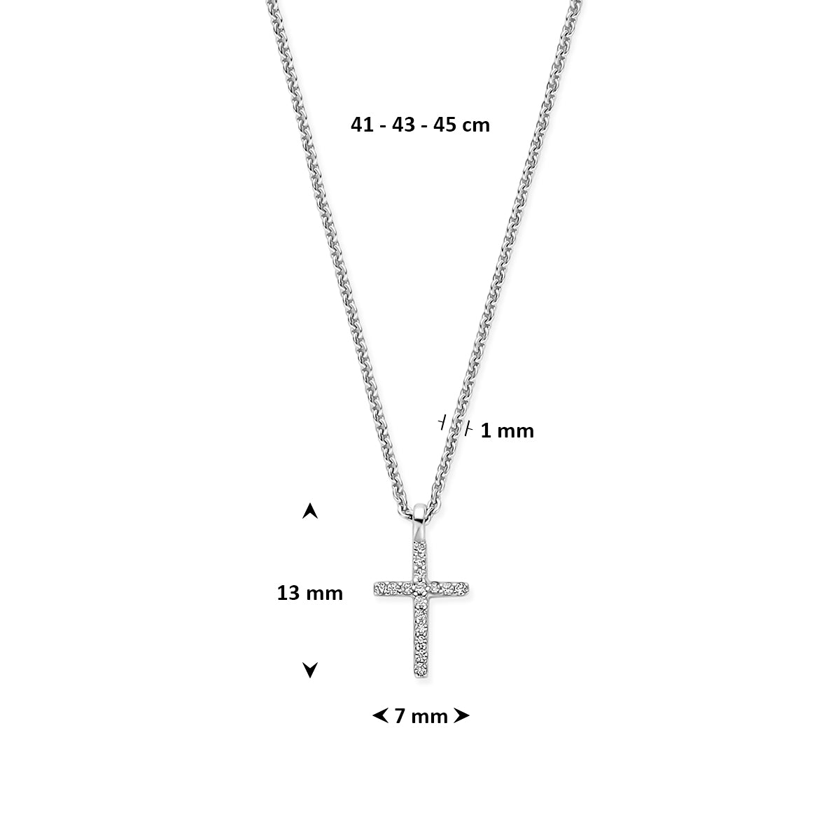 collier kruis 41 - 43 - 45 cm zilver gerhodineerd