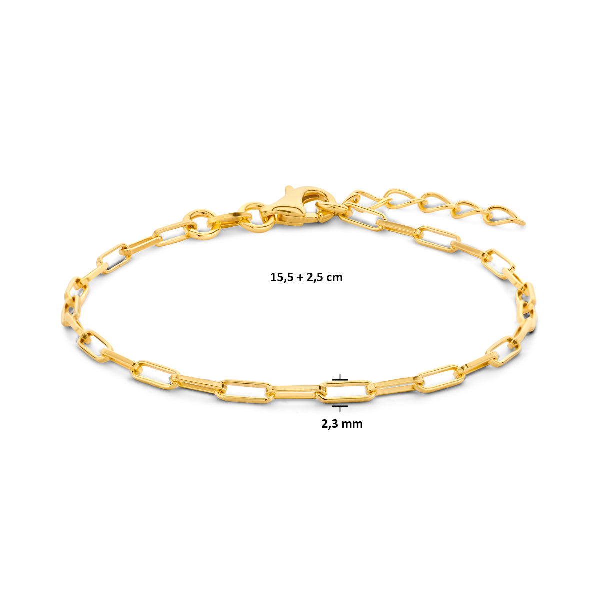 Armband Büroklammer Vierkantrohr 2,3 mm 15,5 + 2,5 cm 3 Mikron Silber vergoldet (gelb)
