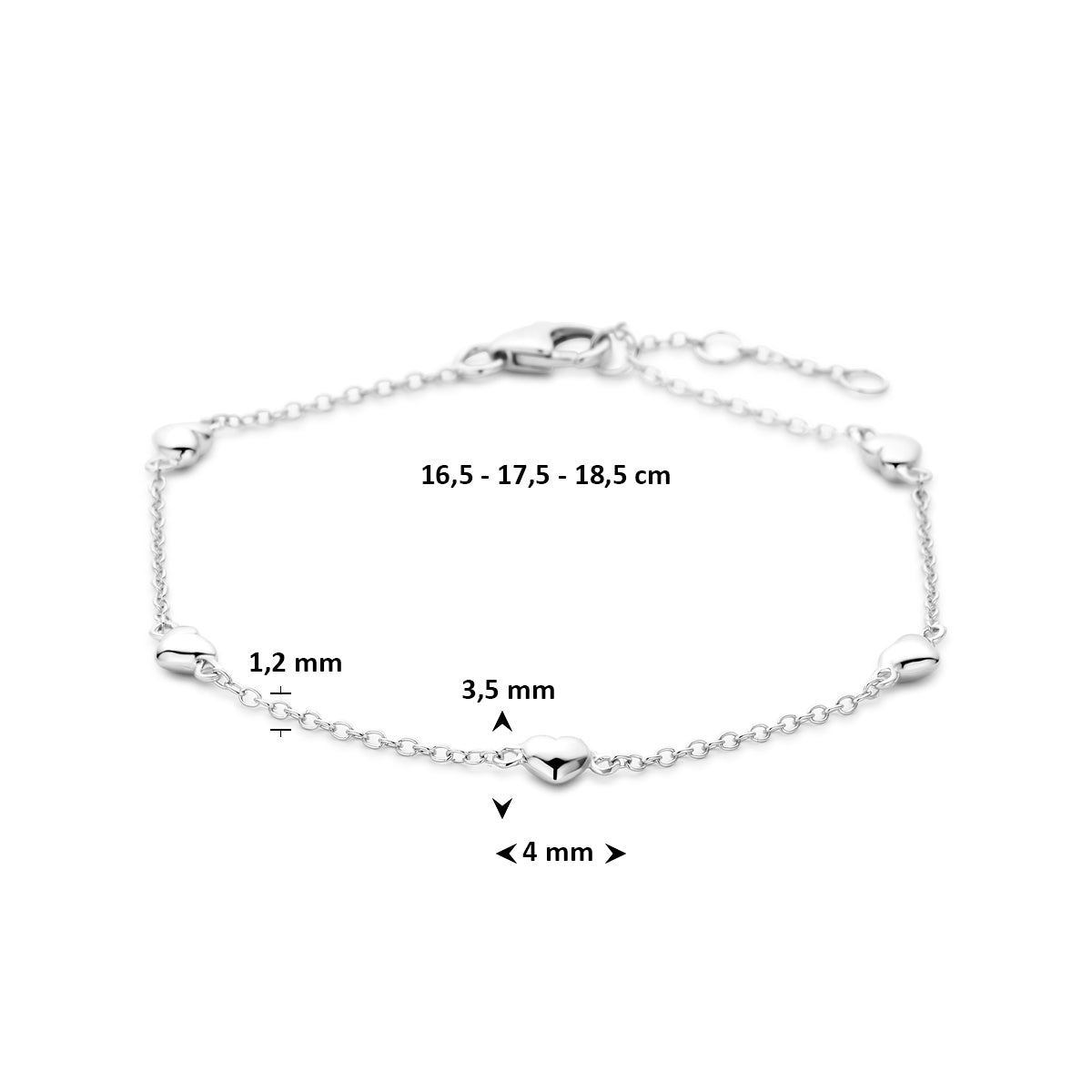 Armband Herzchen 16,5 - 17,5 - 18,5 cm Silber rhodiniert