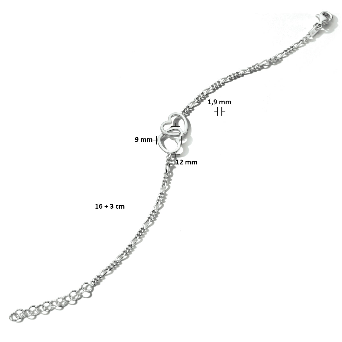 Armband Herzen 16 + 3 cm Silber rhodiniert