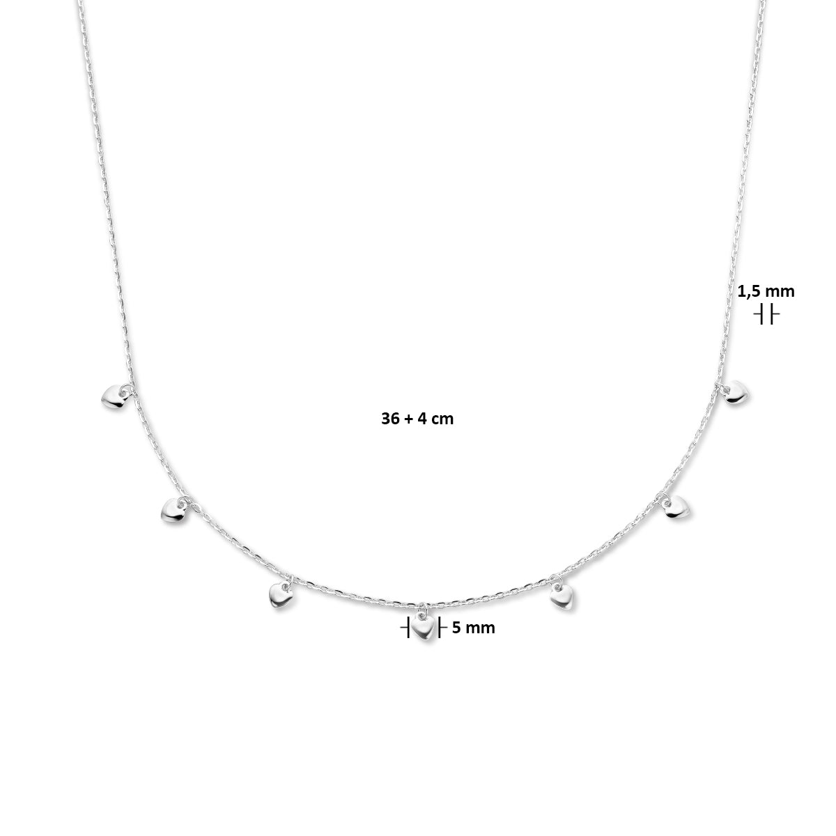 Halskette Herzen 36 + 4 cm Silber rhodiniert