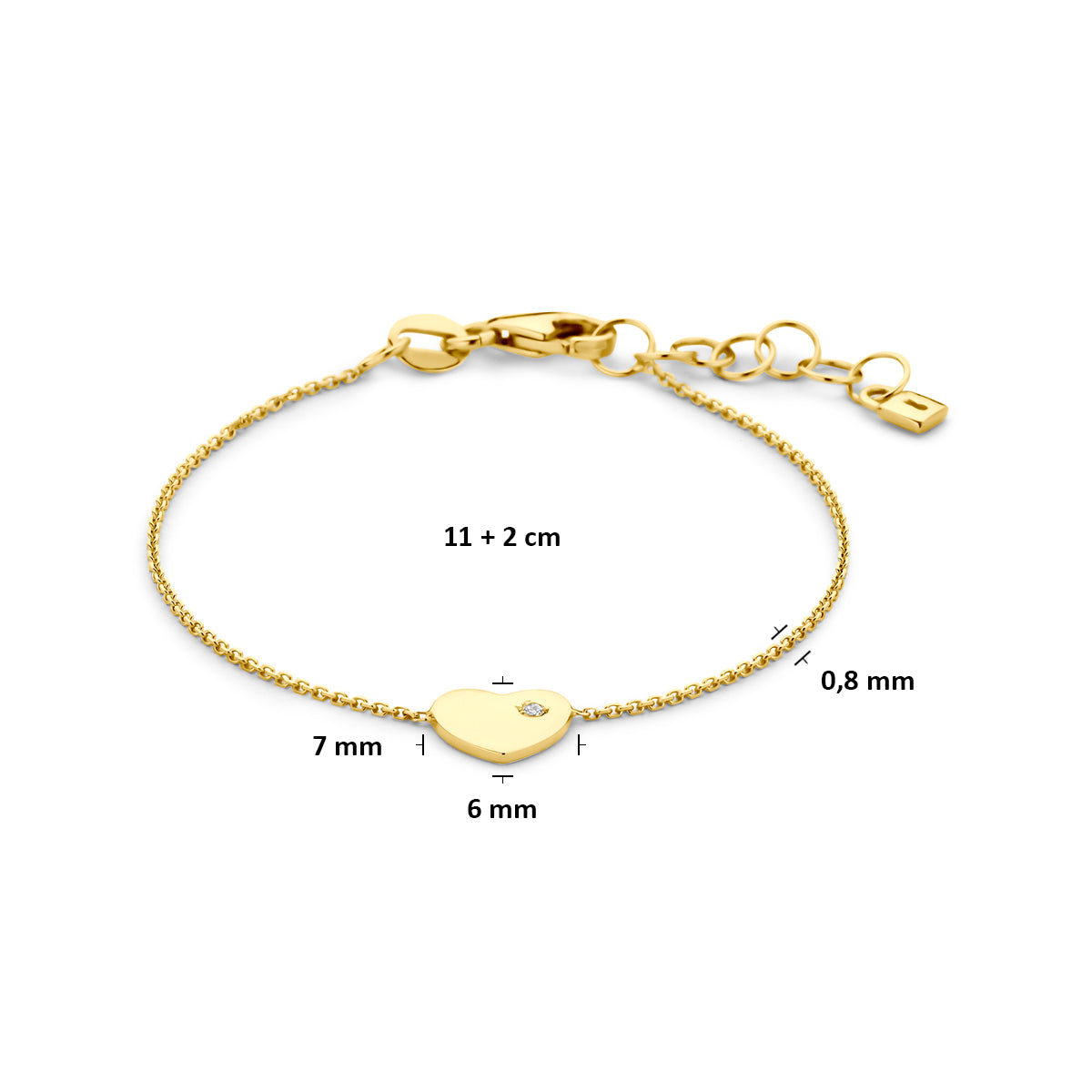 9k armband hartje zirkonia 11 + 2 cm 9K geel