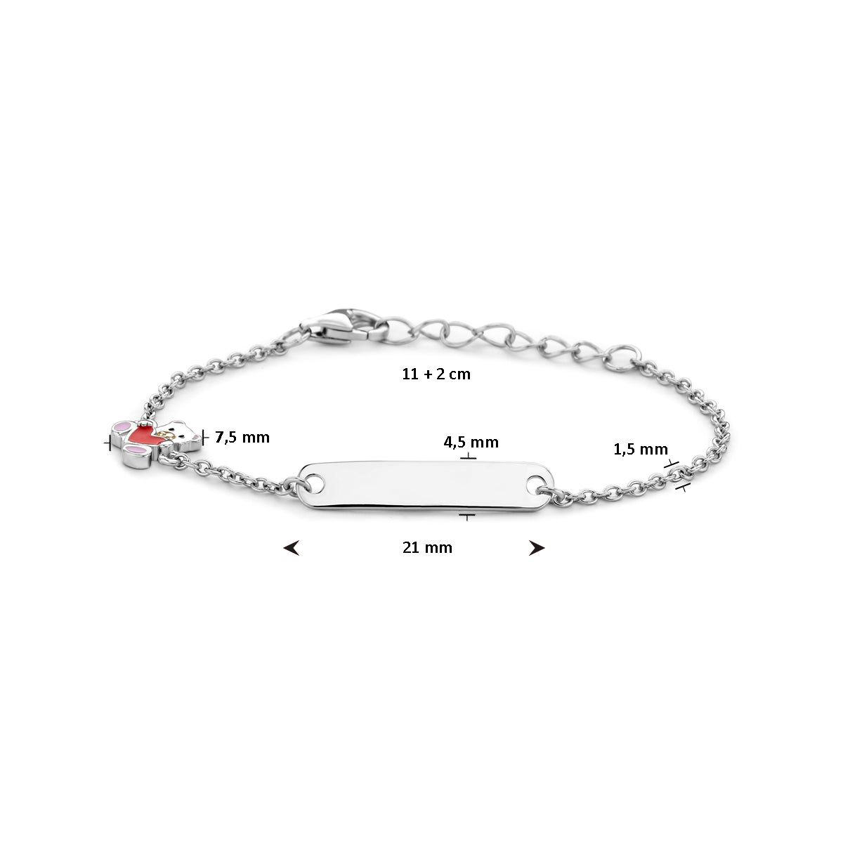 Gravurarmband Bär und Herz Plättchen 4,5 mm 11 + 2 cm Silber rhodiniert
