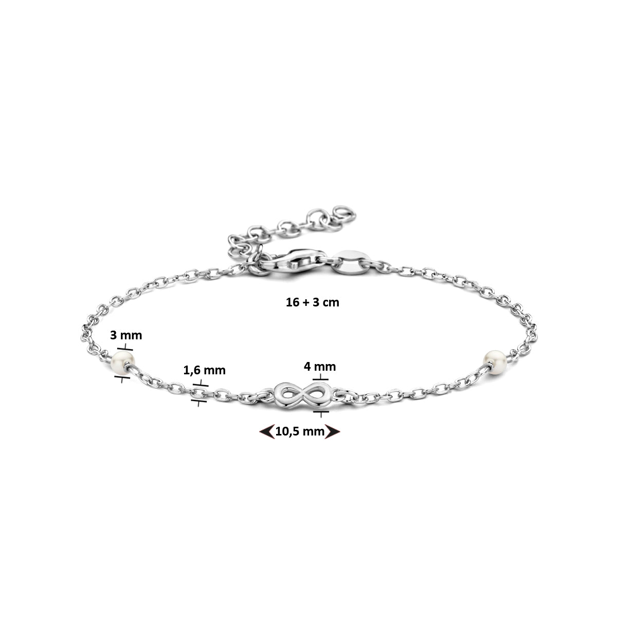 Armband synth. Perle und Unendlichkeit 16 + 3 cm Silber rhodiniert