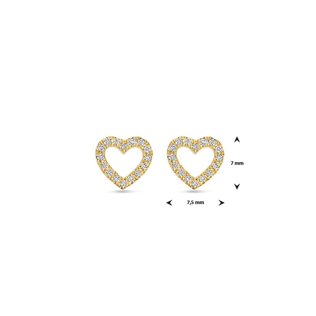 oorknoppen hart diamant 0.11ct (2x 0.055ct) h si 7 mm 14K geelgoud