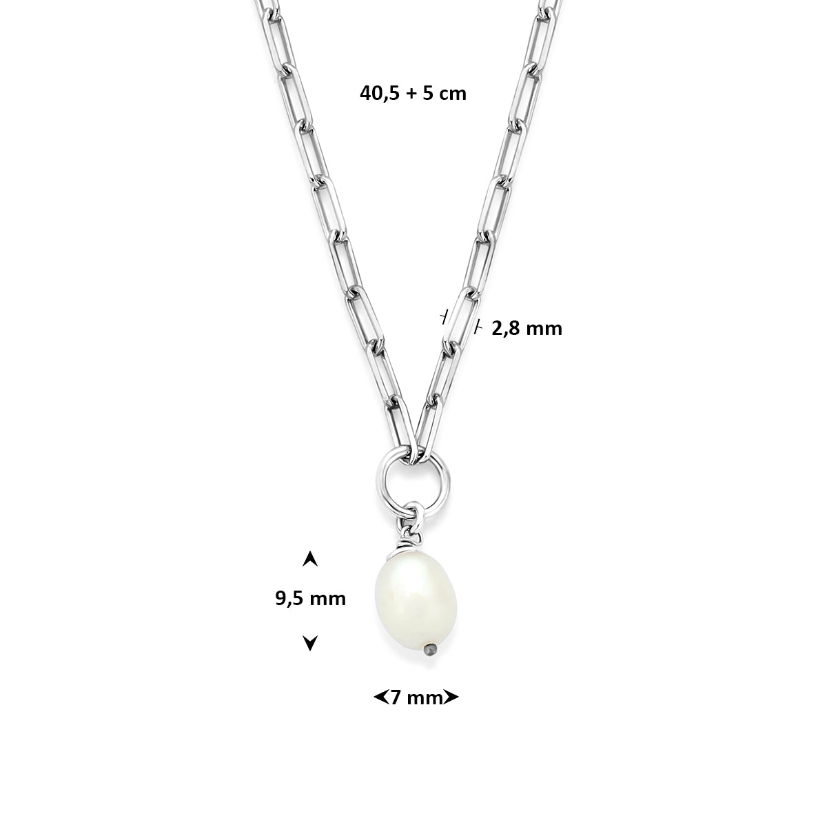 collier parel 40,5 + 5 cm zilver gerhodineerd