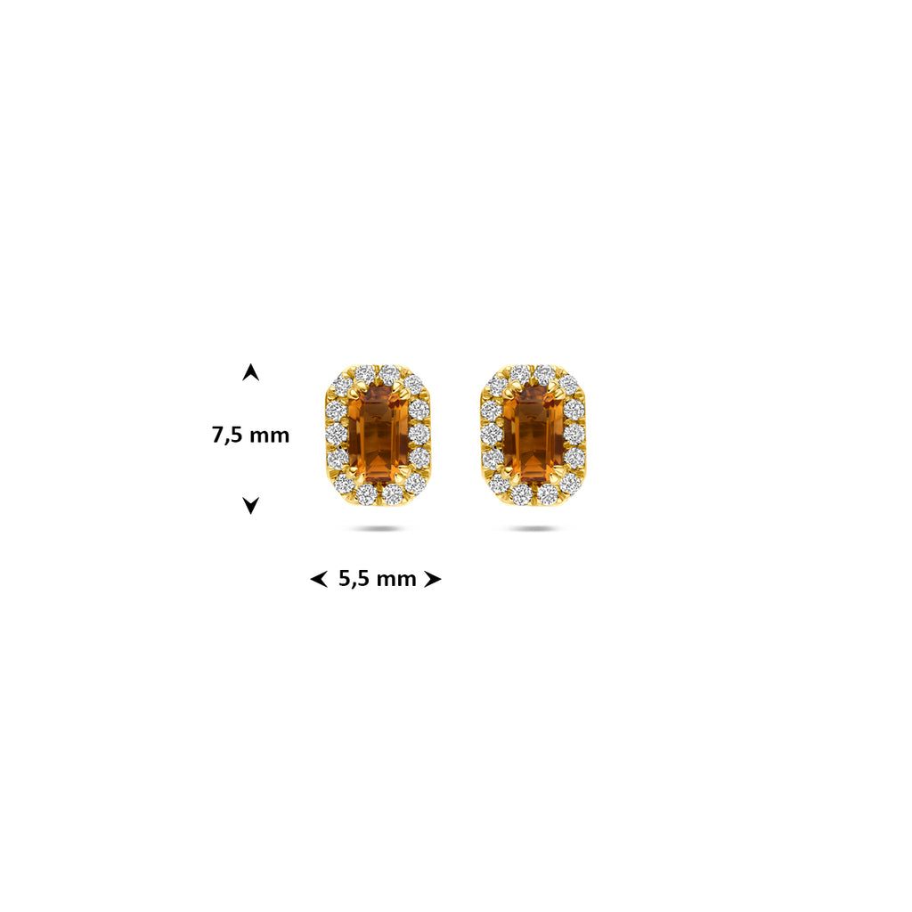 oorknoppen citrien en lab grown diamant 0.16ct (2x 0.08ct) f vs 7,5 mm 14K geelgoud