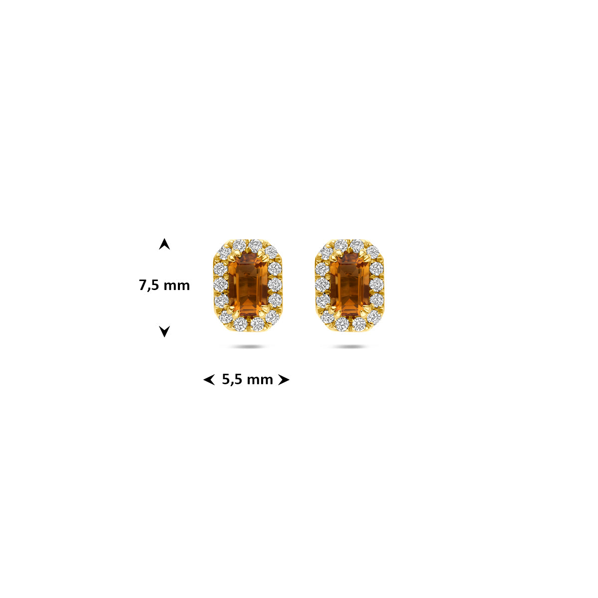 oorknoppen citrien en lab grown diamant 0.16ct (2x 0.08ct) f vs 7,5 mm 14K geelgoud