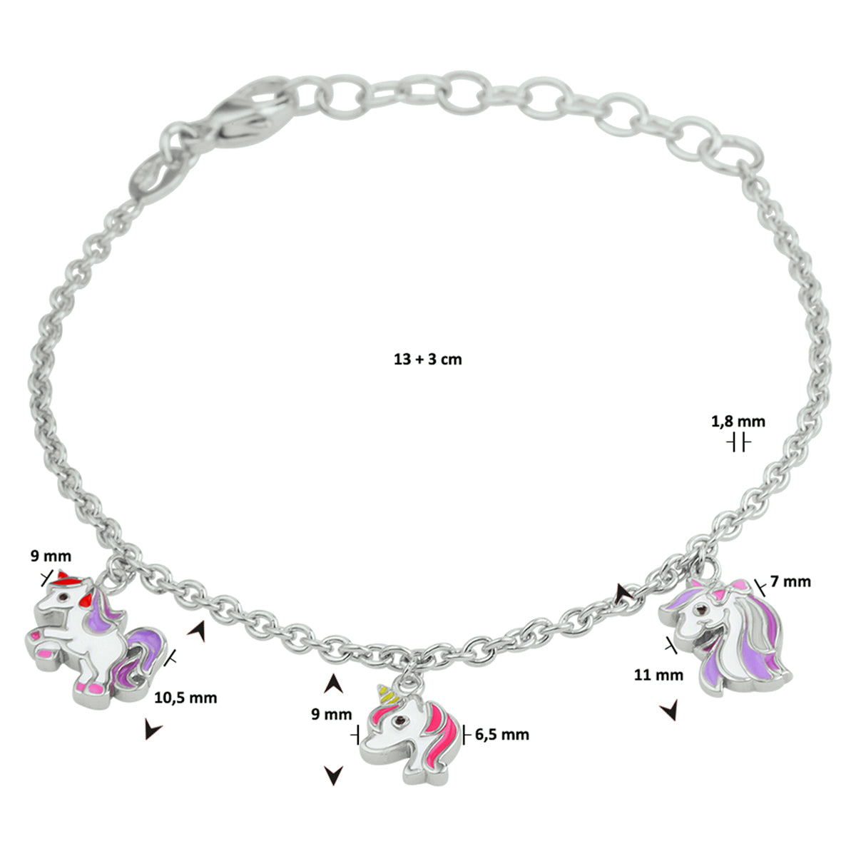 Armband Einhorn Emaille 13 + 3 cm rhodiniertes Silber