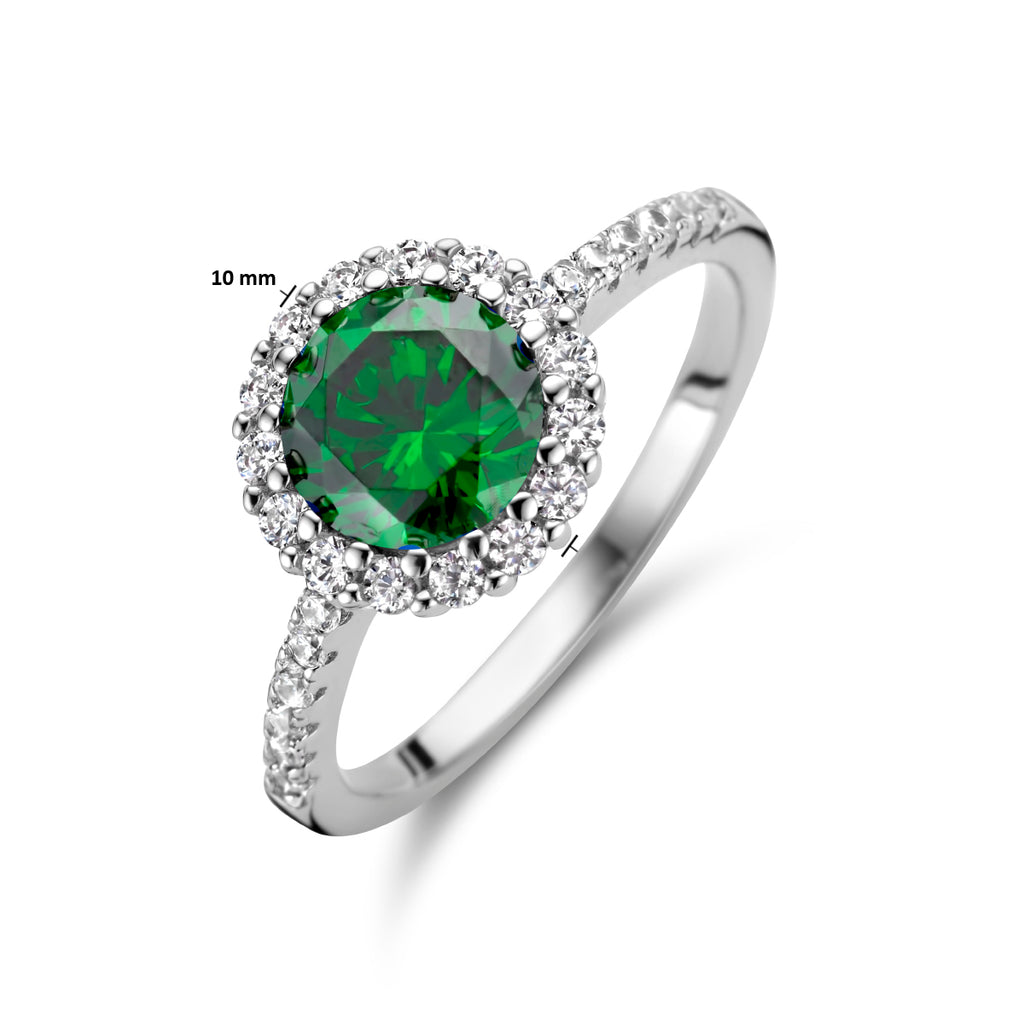 ring groen en wit zirkonia halo zilver gerhodineerd