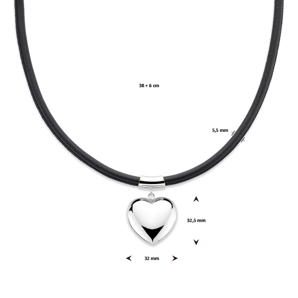 collier hart 38 + 6 cm zilver gerhodineerd met rubber/nylon/leer