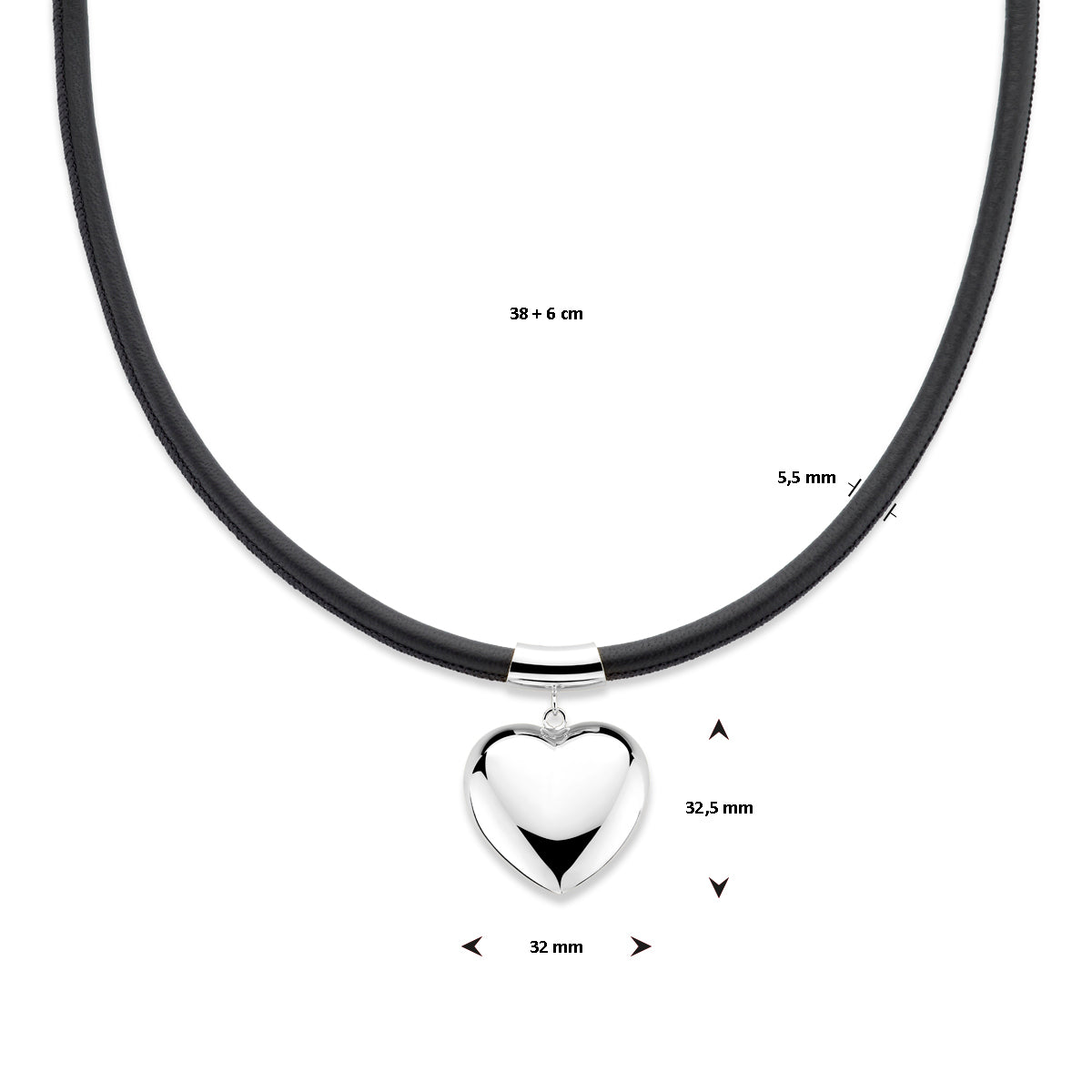 collier hart 38 + 6 cm zilver gerhodineerd met rubber/nylon/leer