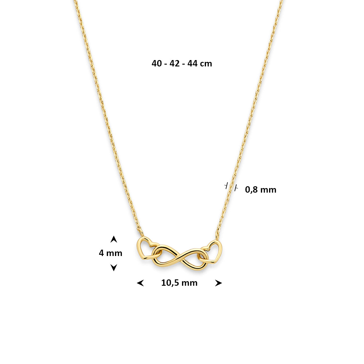 Halskette Unendlichkeitszeichen und Herzen 40 - 42 - 44 cm 14K Gelbgold