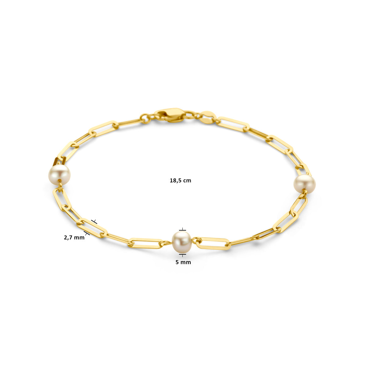 Armband Büroklammer 2,7 mm und Perlen 18,5 cm 14K Gelbgold