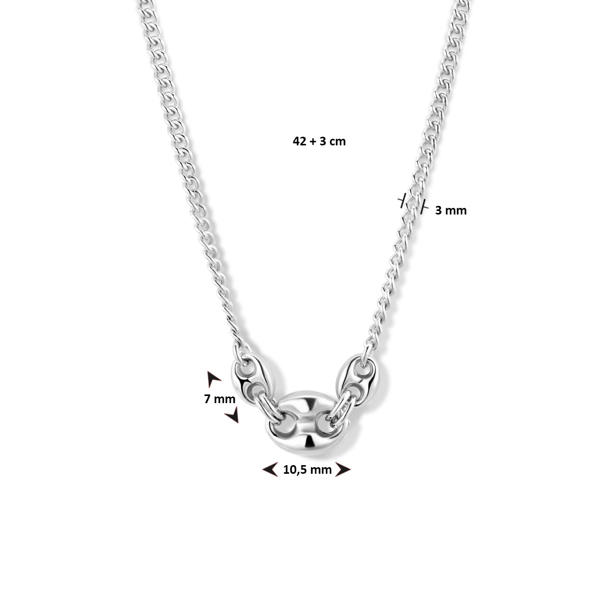 Halskette 10,5 mm 42 + 3 cm Silber rhodiniert