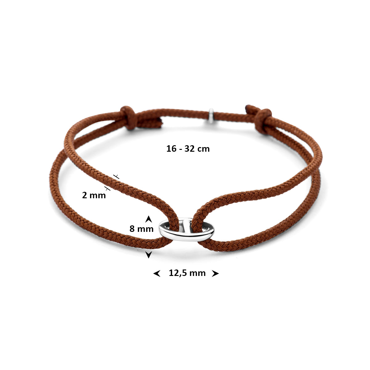 Armband Baumwolle braun 16 - 32 cm rhodiniert mit Gummi/Nylon/Leder