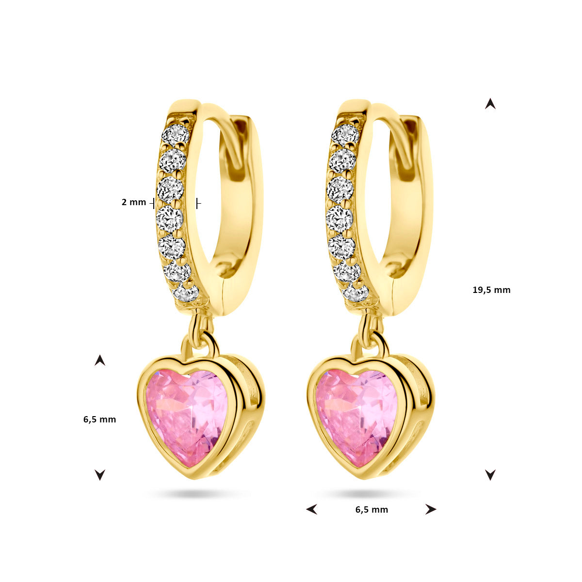oorringen hart roze en wit zirkonia 1 micron zilver verguld (geel)