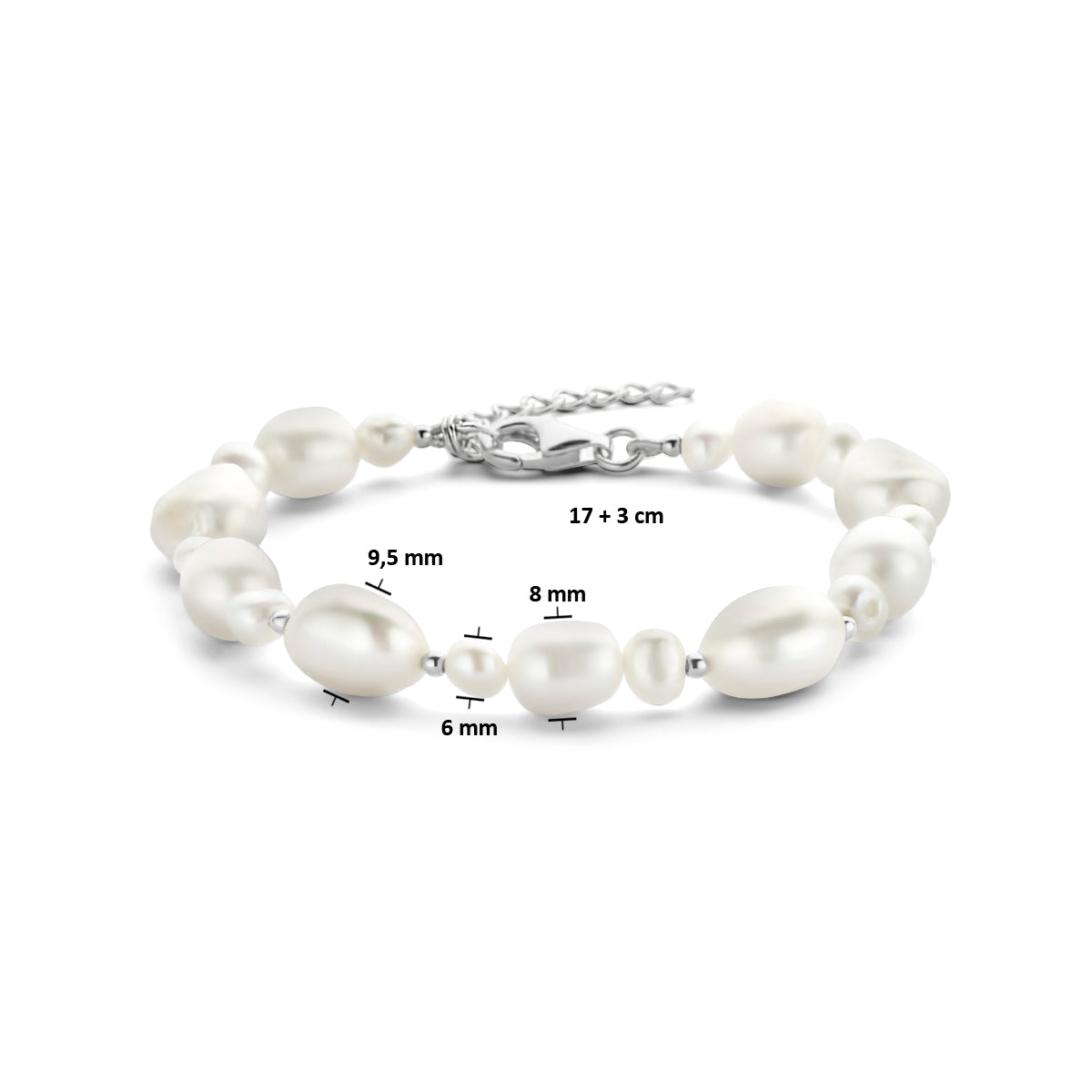 armband parels 17 + 3 cm zilver gerhodineerd