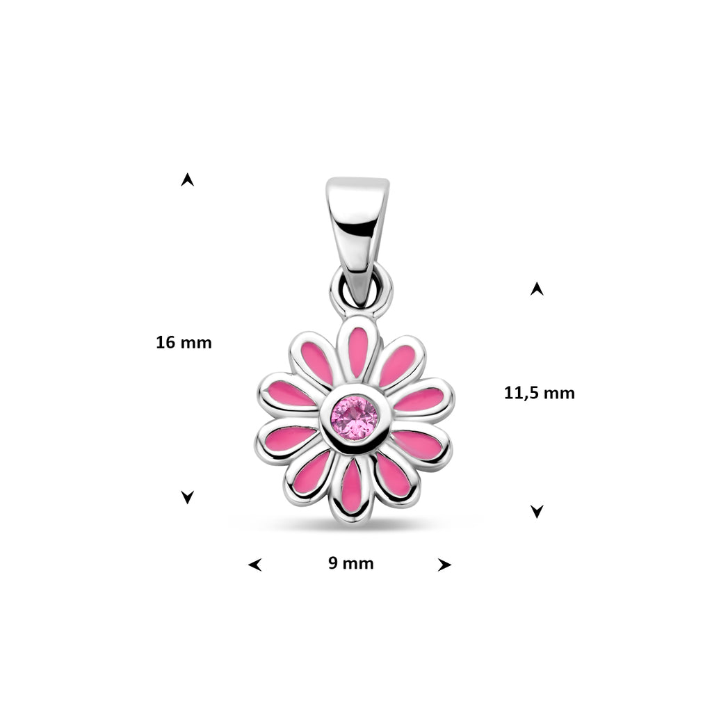 Anhänger Emaille Blume rosa Zirkonia 16 mm Silber rhodiniert