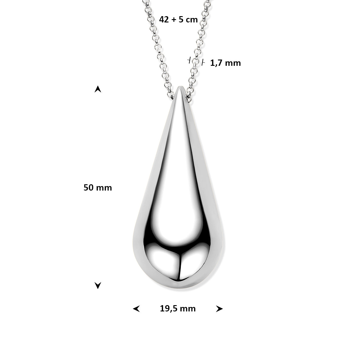 collier druppel 42 + 5 cm zilver gerhodineerd
