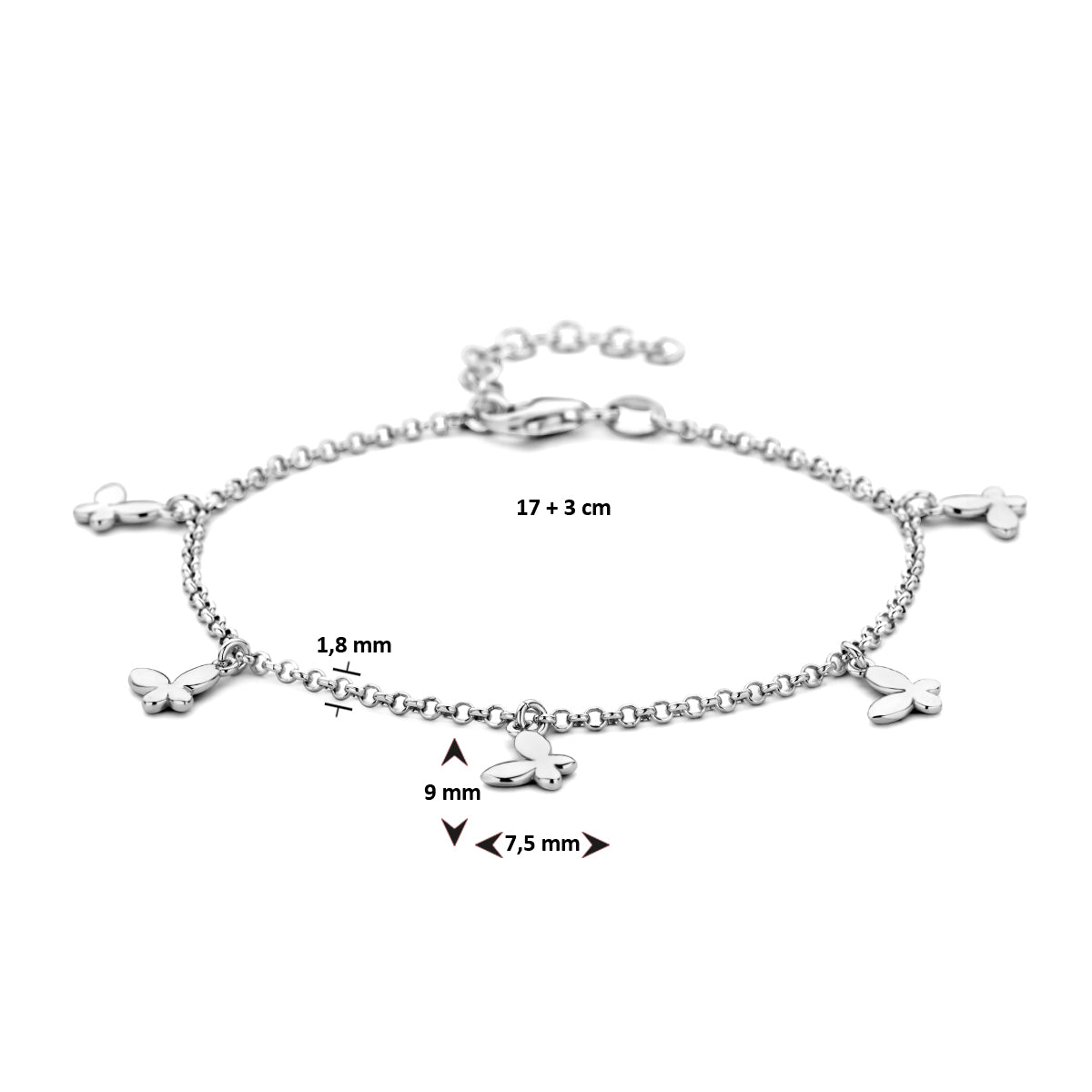 armband vlinder 17 + 3 cm zilver gerhodineerd
