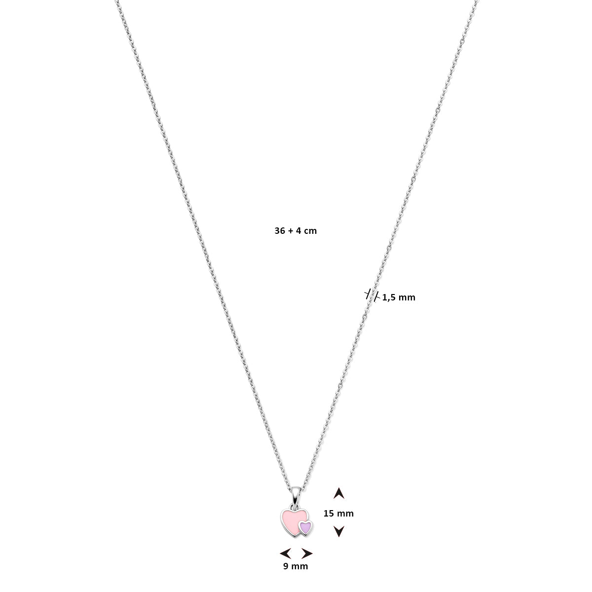 collier emaille hartjes 36 + 4 cm zilver gerhodineerd